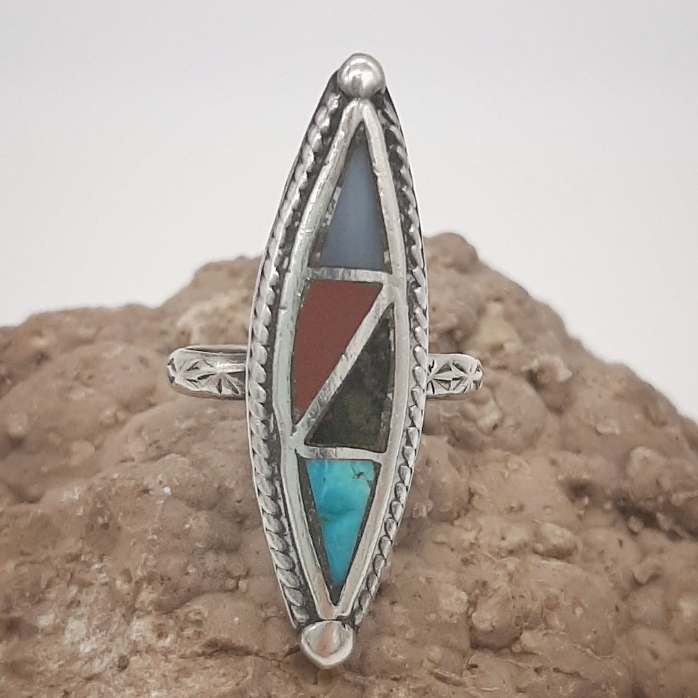 Southwestern Turquoise Signed Silver Shield Ring 4 - Picture 2 of 6